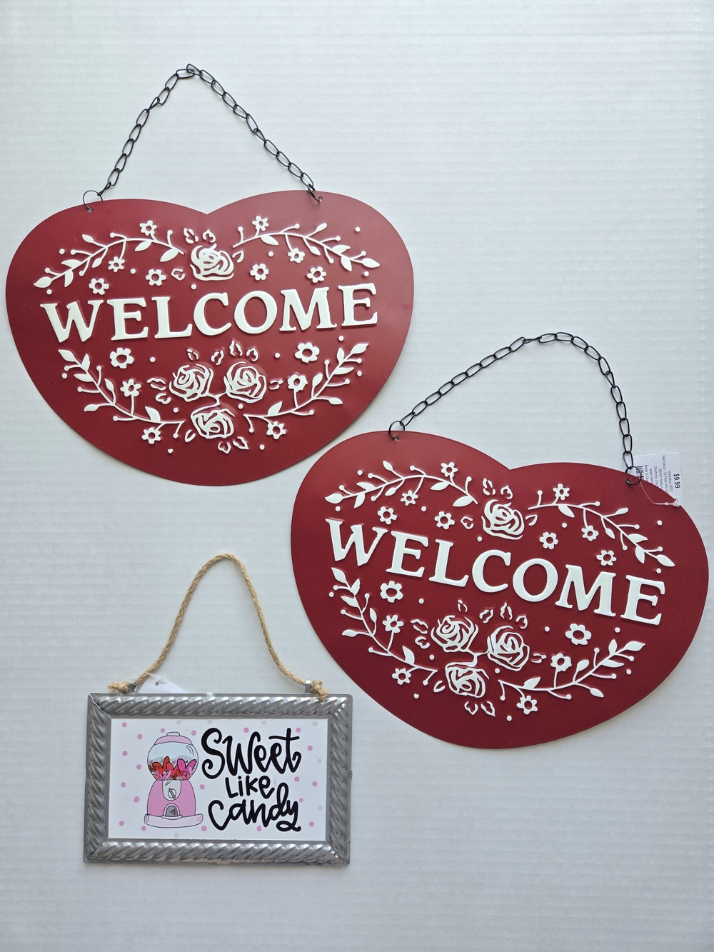 Hobby Lobby 2 Red Heart Welcome Signs And Silver Sweet Like Candy Sign - NWT